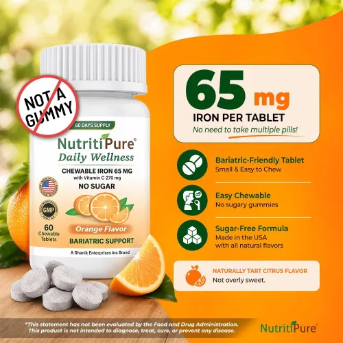 Vista 2 de Hierro carbonílico masticable de 65 mg con 270 mg de vitamina C – Tableta Bariátrica (no gomosa), sabor a naranja sin azúcar – Suplemento de hierro