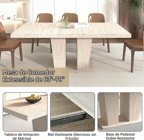 Vista 5 de Henf Juego de mesa de comedor extensible de 5 piezas para 4, mesa de cocina de imitación de mármol de 63"-79" con 4 sillas negras, juego de mesa