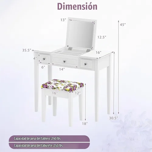 Vista 3 de CHARMAID Escritorio de tocador de maquillaje con espejo abatible superior, 3 cajones, 7 compartimentos de almacenamiento, escritorio blanco