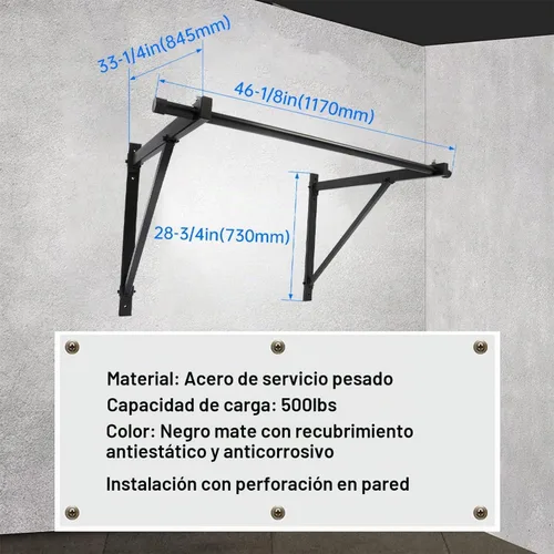 Vista 3 de ECOTRIC 46" Wall Mounted Pull Up Chin Up Bar Heavy Duty Gym Workout Fitness