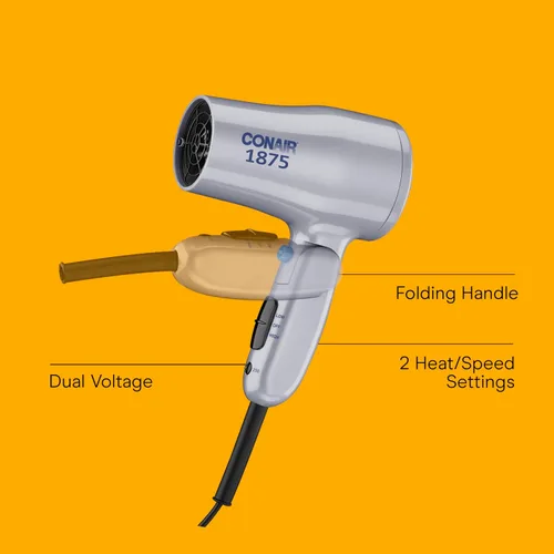 Vista 2 de Secador de pelo compacto Conair con mango plegable, secador de viaje de 1875 W con accesorios difusor y concentrador, 2 ajustes de calor y 2