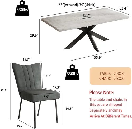 Vista 7 de 6-Piece Extendable Dining Table Set, Modern 63''–79'' Grey Wood Table with 6 Grey Fabric Chairs, Dining Room Table and Chairs for 6, Ideal for 1