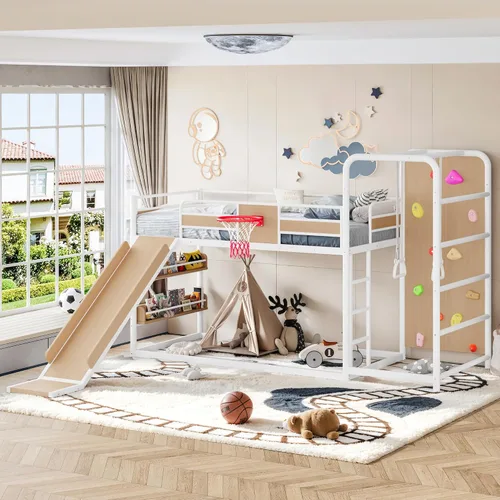 Vista 8 de Polibi Twin Metal Loft Bunk Bed with Basketball Hoop, Slide, Climbing Wall Loft Bed With Climbing Wall, Slide, Rings, And Bookshelves. A Fun Black
