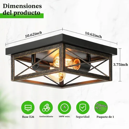 Vista 2 de Lámpara de techo de bronce cepillado para pasillo, lámpara de techo industrial de granja de montaje empotrado de 2 luces, lámpara de cocina de metal