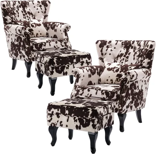 Vista 24 de Juego de 2 sillas decorativas modernas de mediados de siglo, sillón de tela de lino con respaldo acolchado/patas de madera, sillón de descanso
