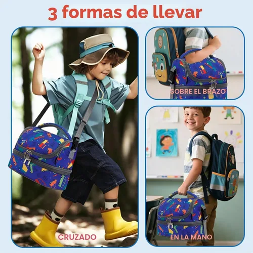 Vista 7 de FlowFly Bolsa de almuerzo aislada de dos pisos para niños, niñas, hombres, mujeres, con correa ajustable, para automóvil