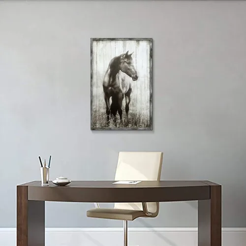Vista 3 de artopia Arte de Pared de Granja de Caballo de Madera: Decoración de Caballo Gris Rústico de Granja Pintura de Retrato de Vida Silvestre