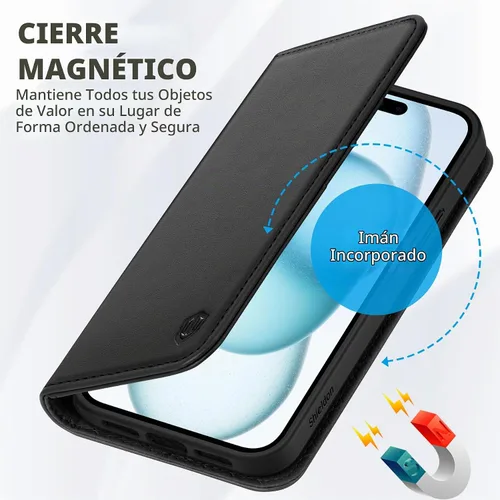 Vista 7 de SHIELDON Funda para iPhone 15 6.1" 2023, Funda Tipo Cartera de Cuero Genuino con [Soporte] [Tarjetero con Bloqueo RFID] [Magnética] Cubierta de Negro