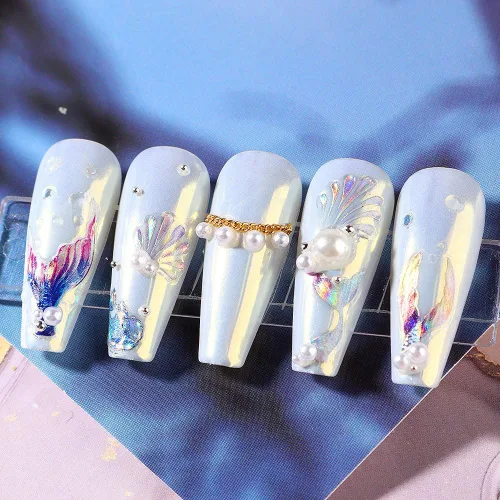 Vista 9 de Calcomanías de uñas de cola de sirena de ensueño 5D, calcomanías de uñas de verano 5D en relieve láser de sirena, calcomanías de arte de uñas de ola