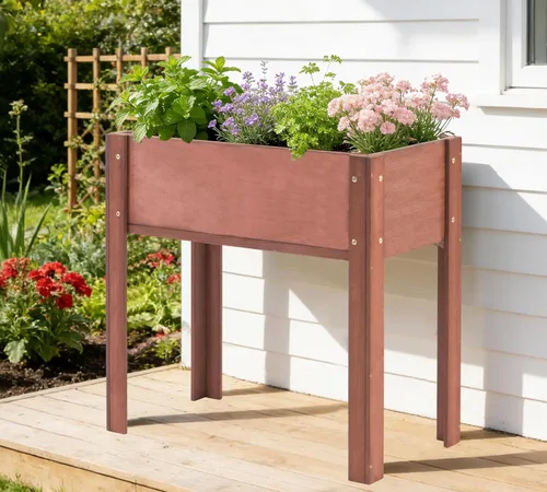 Vista 2 de Cama de jardín elevada con patas, 31 x 16 x 31 pulgadas, jardinera elevada de madera para exteriores, patas gruesas, con forro Marrón