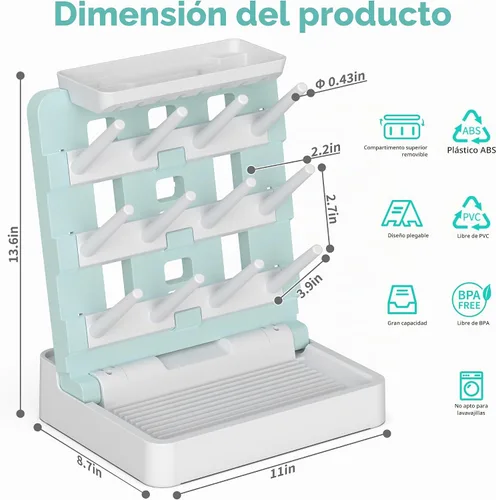 Vista 2 de Estante de secado de biberones, soporte vertical para secadora de biberones, estante de secado de biberones que ahorra espacio para encimera, Azul