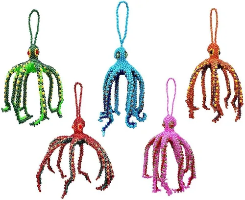 Vista 2 de Figura colgante de pulpo con cuentas de animales marinos, adorno de semillas de vidrio checo con cuentas colgantes, decoración hecha a mano, Verde