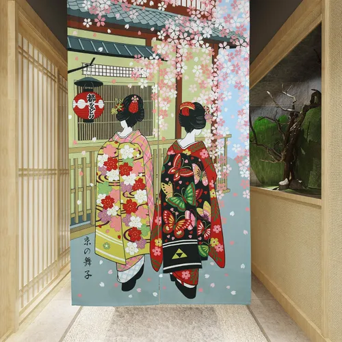 Vista 5 de Cortina japonesa Noren para puerta, Kyoto Geisha Girls con flor de cerezo, divisor de habitación para decoración del hogar, 33 x 59 pulgadas