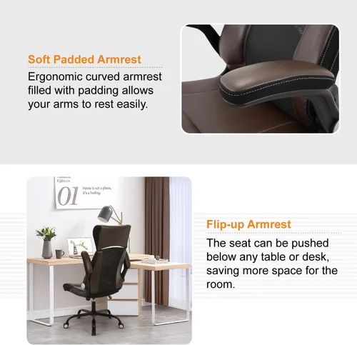 Vista 3 de ZLHECTO® Silla de oficina ejecutiva, silla de escritorio ergonómica de cuero, reposacabezas ajustable ampliado con brazos abatibles, silla giratoria