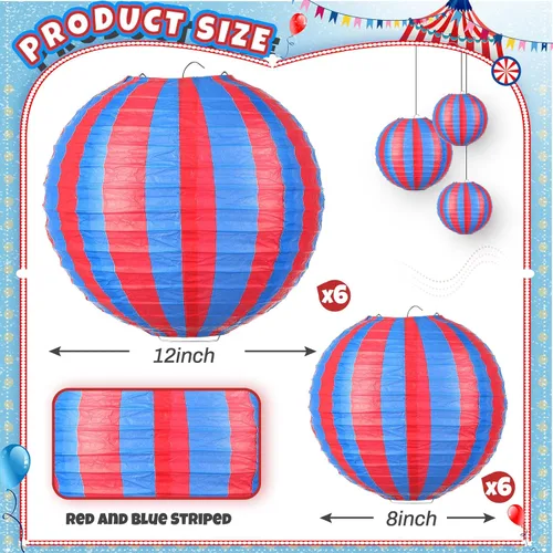 Vista 2 de Hortsun 12 Pcs Carnival Circus Decorations Red and Blue Striped Paper Lanterns Chinese Hanging Paper Lanterns for Carnival Circus Wedding Birthday