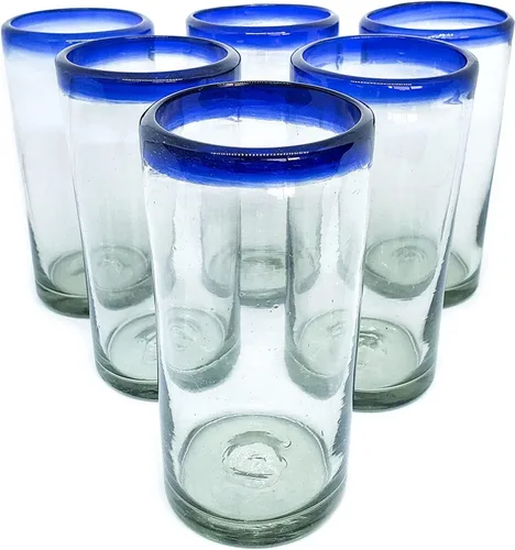 Vista 17 de Vasos de 10 onzas con borde azul cobalto (juego de 6), vidrio reciclado, sin plomo, sin toxinas (Tumbler)