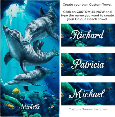 Vista 2 de Softerry Toalla de playa personalizada Dolphins, 30 x 60 pulgadas, 100% algodón, arrecife de coral y peces tropicales (cala de delfines, una toalla)