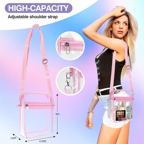 Vista 24 de Bolsa transparente aprobada para estadios, bolsa cruzada transparente, con correa de hombro ajustable para mujer, con bolsillo frontal