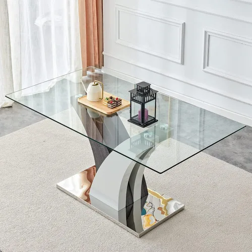 Vista 8 de Mesa de comedor moderna de cristal, mesa de cocina rectangular de 63 pulgadas para 4-6 personas, mesa de comedor de vidrio templado de 0.39 pulgadas