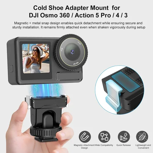 Vista 2 de PULUZ Soporte de montaje rápido para DJI Osmo Action 5 Pro/4/3, zapata fría con agujero de tornillo de 1/4 pulgadas y ajuste de inclinación de 75°