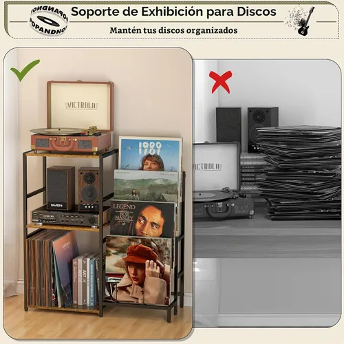 Vista 8 de Soporte para tocadiscos, mesa para tocadiscos con almacenamiento de vinilos de 4 niveles, almacenamiento para tocadiscos de hasta 200+ álbumes