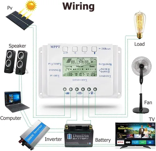 Vista 6 de MPPT T-10 Controlador de carga solar de 12 V 24 V para entrada máxima de 48 V con pantalla LCD, controlador de carga MPPT compatible con PWM