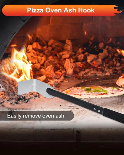 Vista 4 de Juego de 2 accesorios para horno de pizza, cepillo para pizza, rastrillo de ceniza con mango de madera de caucho, cepillo de horno de pizza duradero