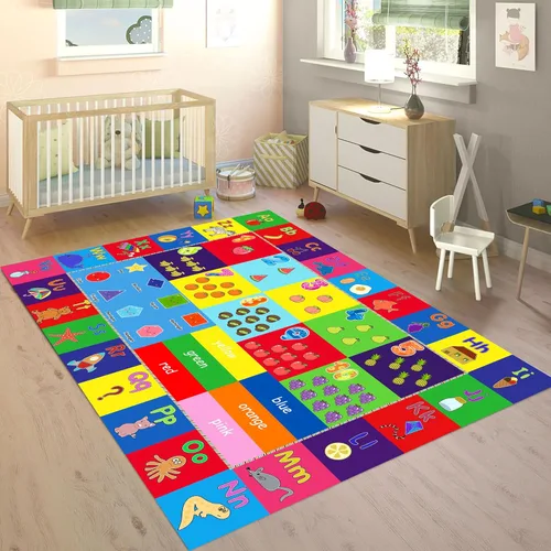 Vista 9 de Tapete educativo de 3 x 4 pies, tapete de aprendizaje ABC y 123 para niños pequeños con diseños de animales, alfombra antideslizante lavable