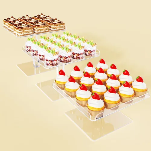 Vista 12 de Bakzon Soporte de 3 piezas para cupcakes, juego de mesa de postres de acrílico transparente con patas de soporte de hierro para cumpleaños