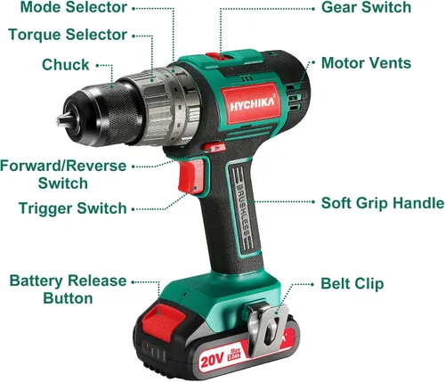 Vista 7 de HYCHIKA - Taladro inalámbrico de 20 V máximo, taladro sin escobillas, par máximo de 530 pulgadas-libras, batería de 2.0 AH cargador rápido de 1 H