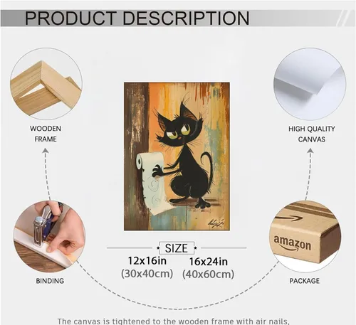 Vista 5 de Divertido Arte de Pared de Baño de Gato Negro en Lienzo Arte de Pared de Gato Abstracto con Imagen de Papel Higiénico Decoración de Pared Póster