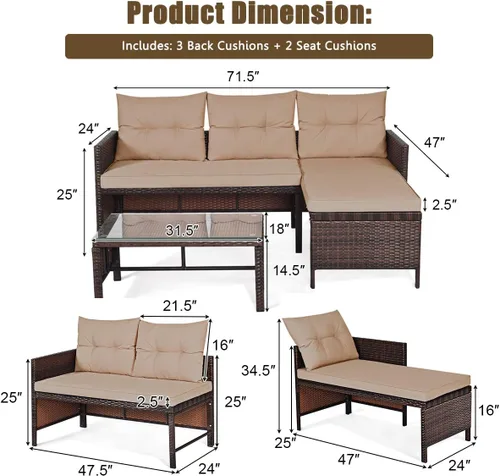 Vista 5 de Tangkula juego de sofá de esquina para patio de 3 piezas, juego de sofá de ratán para exteriores, incluye chaise lounge, sofá doble y mesa auxiliar