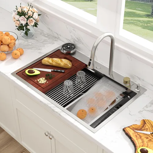 Vista 12 de Sarlai - Fregadero de cocina de cascada de 31 pulgadas, de montaje superior - 31x20 Fregadero de cocina con borde y estación de trabajo, de acero