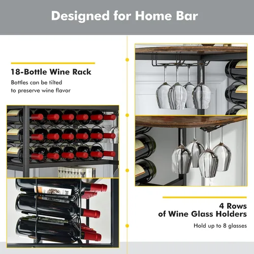 Vista 6 de LOKO Mesa de estante para vinos, gabinete industrial de bar de vino de 47 pulgadas con estante para vino y soportes para vidrio, gabinete