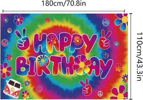 Vista 4 de Groovy - Telones de fondo de feliz cumpleaños con 70.8 x 43.3 pulgadas, pancarta de carnaval de los años 60, fondo retro hippie bohemio