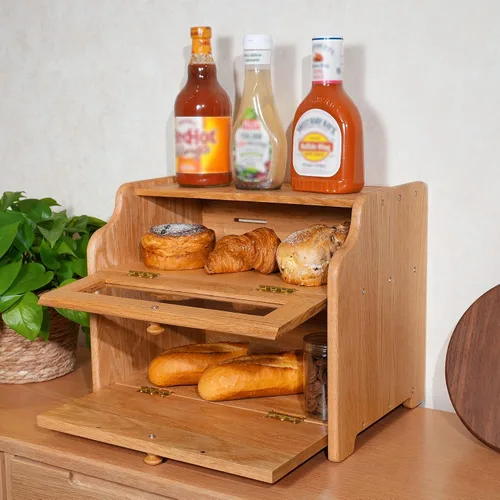 Vista 2 de CONSDAN Panera de madera maciza de roble para encimera de cocina, contenedor de pan de doble capa para almacenamiento de pan, caja de pan de gran