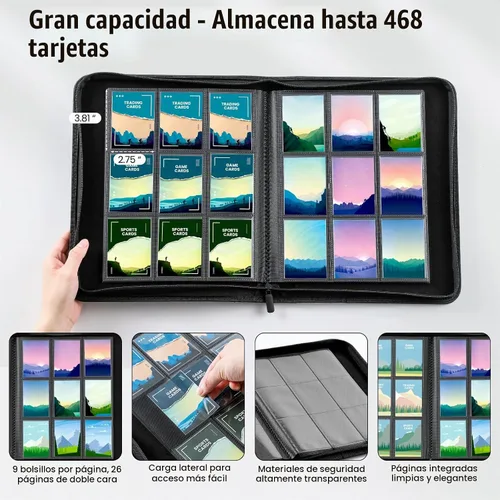 Vista 4 de Carpeta de 9 bolsillos para tarjetas coleccionables con 500 fundas para tarjetas, 26 páginas de carga lateral con capacidad para 468 tarjetas