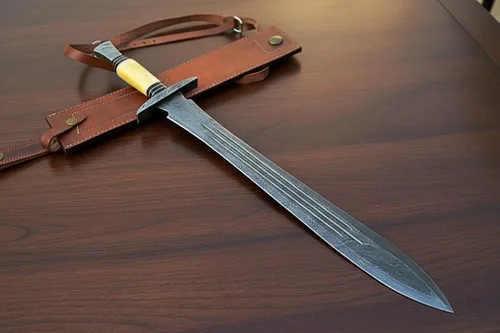Vista 4 de Maximus Gladius - Espada romana, hoja de doble borde de acero de Damasco forjado a mano, mango de madera de nogal con espaciadores de latón, 29