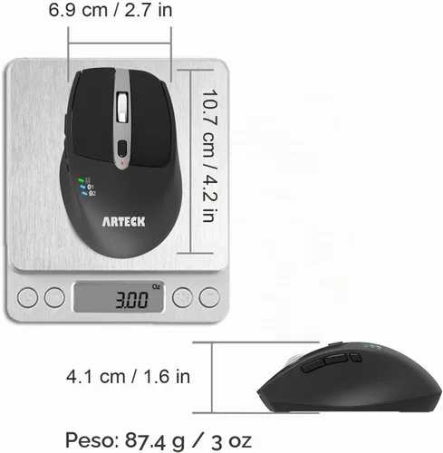 Vista 6 de Arteck Mouse inalámbrico Bluetooth con receptor Nano USB, negro, batería de 4 meses de duración, diseño ergonómico