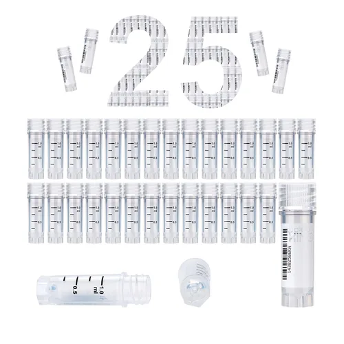 Vista 48 de Cryoviales de 0.0 fl oz, 25Pcs Cryotubes con código de barras lateral, frascos de esterilización con rosca externa, tubos de muestra con tapas Azul