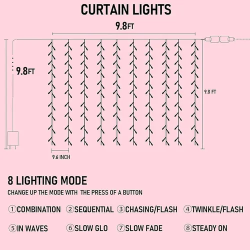 Vista 2 de Dazzle Bright 300 luces LED para cortina, luces de hadas del Día de San Valentín para dormitorio con 8 modos de iluminación, luces de ventana