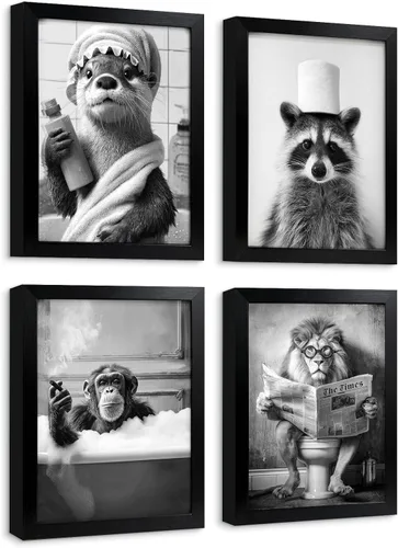 Vista 15 de Arte de Pared de Lienzo de Gato Negro Divertido para Baño, Lindo Estampado de Animales para Cuarto de Baño Inodoro Leyendo Periódico Humor