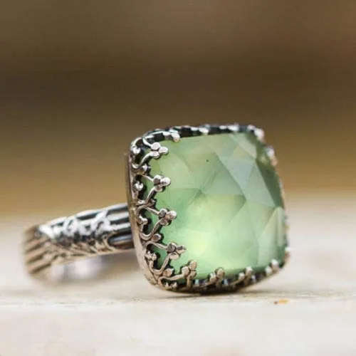 Vista 2 de Anillo de diamantes de princesa con piedra lunar verde vintage, gemas prehnitas, anillo de compromiso de boda, anillo de plata 925, talla 6-10