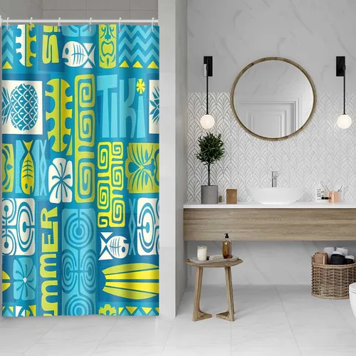 Vista 7 de Hawaii - Cortina de ducha exótica Tiki, 36 x 72 pulgadas, cortinas de ducha retro hawaianas étnicas de pez, piña, estilo tribal Tiki Juego