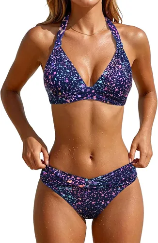 Vista 20 de Yonique Traje de baño de dos piezas para mujer, conjunto de bikini push up, traje de baño halter, traje de baño vintage Verde Aqua