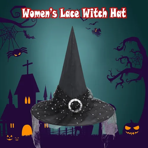 Vista 6 de Zando Sombreros de bruja de encaje para mujer, accesorios de disfraz de Halloween, accesorios de disfraz de bruja plegables para colgar