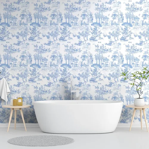 Vista 6 de WENMER Papel Tapiz Toile, 17.7" X 118" Azul y Blanco Despegar y Pegar Papel de Pared, Papel Tapiz Toile de Jouy, Papel de Contacto Vintage Francés