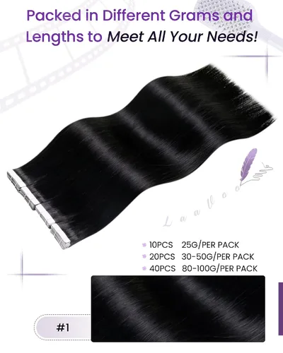 Vista 3 de LaaVoo Extensiones adhesivas de cabello humano real, color negro azabache, extensiones de cabello humano liso y sedoso, 10 pulgadas, 20
