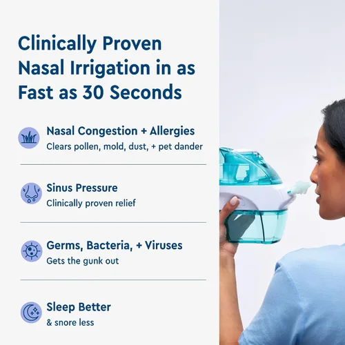 Vista 6 de Navage Paquete de Viaje - Sistema de Irrigación Nasal - Kit de Enjuague Nasal Salino con 1 Limpiador de Nariz, 30 Cápsulas de Sal y Bolsa de Viaje