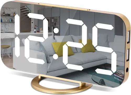 Vista 10 de Reloj despertador digital, relojes electrónicos con espejo LED de 7 pulgadas, con 2 puertos de carga USB, modo de suspensión, ajuste automático